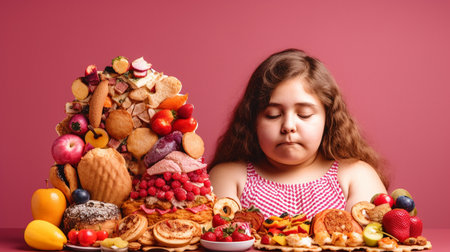 As a youth medical dieting concern, healthy food as a side view of a chubby and normal kid with a stomach produced from junk food or health elements, Generative AIの素材