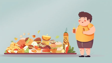 As a youth medical dieting concern, healthy food as a side view of a chubby and normal kid with a stomach produced from junk food or health elements, Generative AIの素材