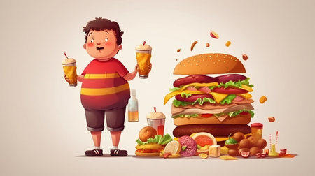 As a youth medical dieting concern, healthy food as a side view of a chubby and normal kid with a stomach produced from junk food or health elements, Generative AIの素材