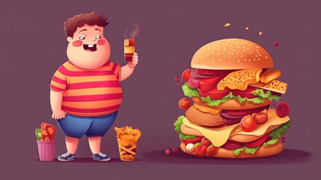 As a youth medical dieting concern, healthy food as a side view of a chubby and normal kid with a stomach produced from junk food or health elements, Generative AIの素材