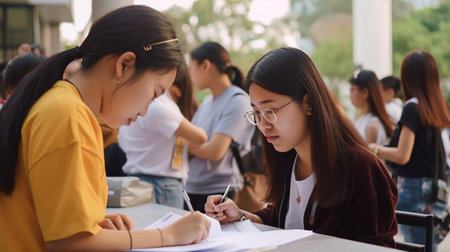 Generative AI, young teenagers registering for classes on a college campusの素材
