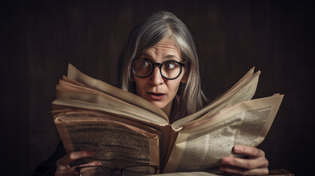 Cheerful woman at office with a book collection, Generative AIの素材