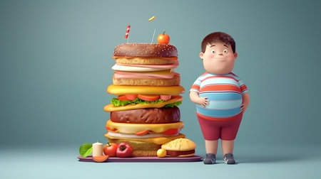 As a youth medical dieting concern, healthy food as a side view of a chubby and normal kid with a stomach produced from junk food or health elements, Generative AIの素材