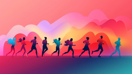 People running in a heartbeat line, Generative AI concept for World Heart Dayの素材