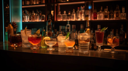 A variety of cocktails are displayed on the restaurant's counter bar., Generative AIの素材