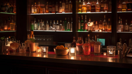 A variety of cocktails are displayed on the restaurant's counter bar., Generative AIの素材