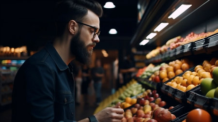 In a contemporary supermarket or grocery store, a handsome man purchases some nutritious food and beverages using Generative AI.の素材