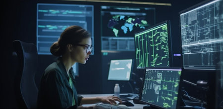Generative AI and a Female Programmer Working in a Monitoring Control Roomの素材