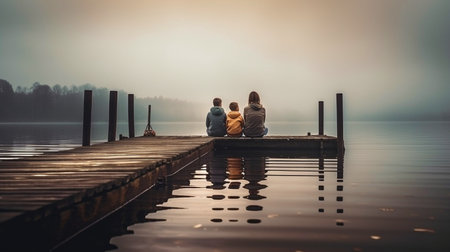 lovely family sitting on a lake pier looking out over the horizon, Generative AIの素材