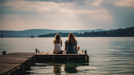 lovely family sitting on a lake pier looking out over the horizon, Generative AIの素材