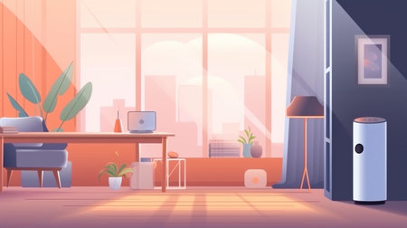 Digital assistants that respond to voice commands automatically, intelligent smart speakers with flat horizontal interiors, and Generative AIの素材
