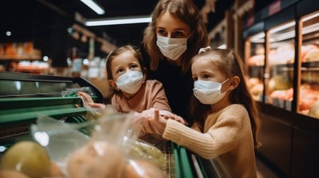 Mom and her children are grocery shopping, Generative AIの素材