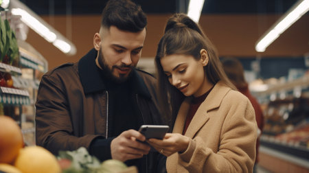 Cheerful couple shopping at supermarket, comparing shopping lists on phone using Generative AIの素材