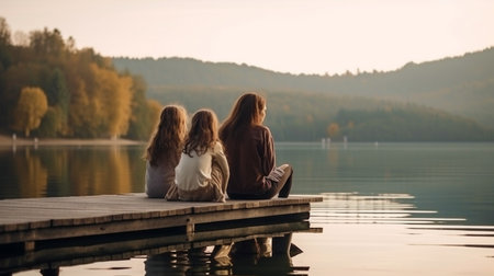 lovely family sitting on a lake pier looking out over the horizon, Generative AIの素材