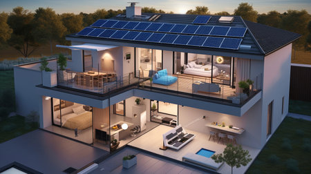 Generative AI, smart home with energy-efficient appliances and solar panels on the roofの素材