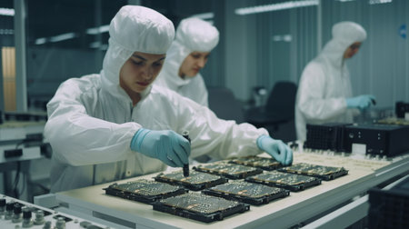 senior workers in a modern factory producing and assembling electronic high-tech components, Generative AIの素材