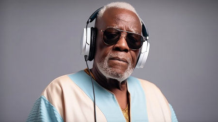 Using Generative AI, Grandpa is a hip, elderly black man who is listening to music while donning headphones.の素材