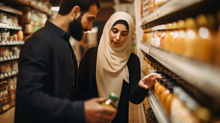 Middle Eastern Couples Shopping for Groceries at a Store While Carrying Dairy Goods, Generative AIの素材