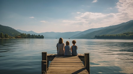 lovely family sitting on a lake pier looking out over the horizon, Generative AIの素材