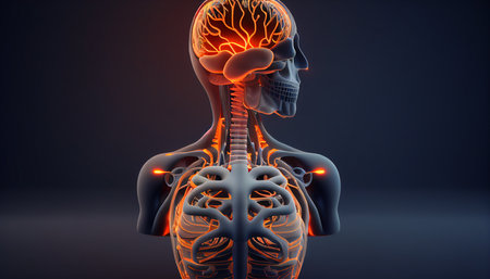 a medical background with a technology design over a guy body with a highlighted brain, Generative AIの素材