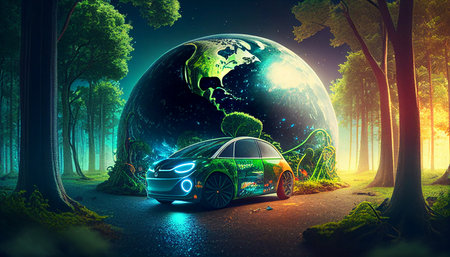 Electric vehicles and EV electrical energy are good for the environment. Electric automobile on a wooded road with an earth planet passing through it. The Generative AIの素材