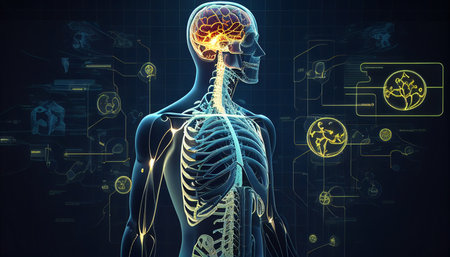 a medical background with a technology design over a guy body with a highlighted brain, Generative AIの素材