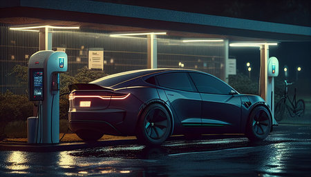 Electric vehicles and EV electrical energy are good for the environment. Electric automobile on a wooded road with an earth planet passing through it. The Generative AIの素材