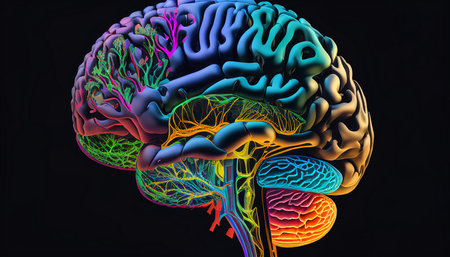 Generative AI highlights neuronal connections in a brain while it is thinking.の素材