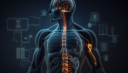 a medical background with a technology design over a guy body with a highlighted brain, Generative AIの素材