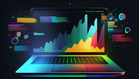 Online business analytics and analytics via laptop software. Dashboard app with data from corporate analytics, graphics, investments, trade and finance management, and Generative AI.の素材