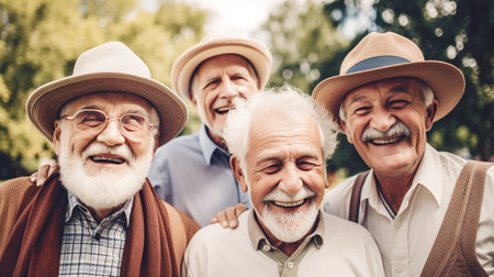 A group of cheerful elderly folks bonding in a park, Generative AIの素材