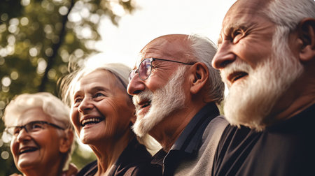 A group of cheerful elderly folks bonding in a park, Generative AIの素材