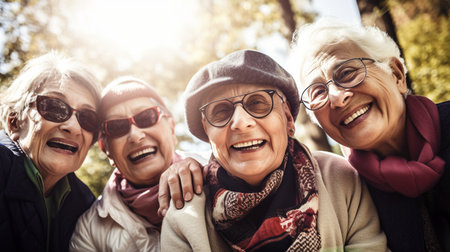 A group of cheerful elderly folks bonding in a park, Generative AIの素材