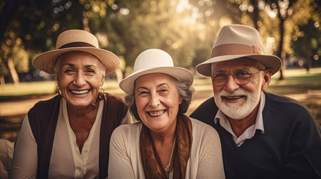A group of cheerful elderly folks bonding in a park, Generative AIの素材