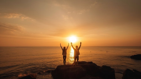 People travel wellbeing concept, Generative AI, young couple arms outstretched by the sea at daybreak, embracing freedom and lifeの素材