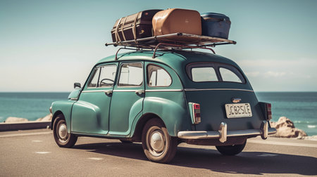 Little classic automobile with baggage, bags, and beach gear on the roof. Background sea, Generative AIの素材