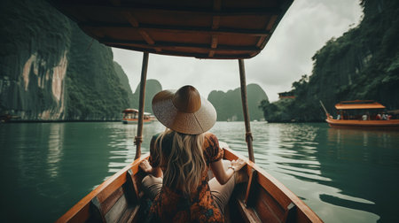 Female traveler aboard a boat in Asia, Generative AIの素材
