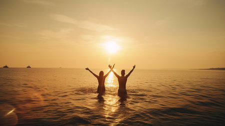 People travel wellbeing concept, Generative AI, young couple arms outstretched by the sea at daybreak, embracing freedom and lifeの素材