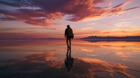 Around sunset, a man traveler with a bag walks on the salt lake. The sky with clouds is reflected in the mirror water surface, thanks to Generative AI.の素材