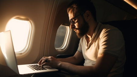 Passenger on a flight using a laptop, Generative AIの素材