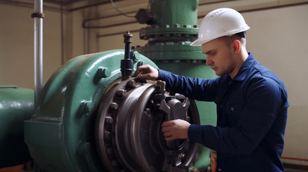 Engineer or industrial worker milling or working on a factory machine, Generative AIの素材