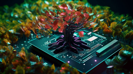 A tree is growing on the convergence point of a computer circuit board. Nature in the Age of Digital and Technological Convergence, Generative AIの素材