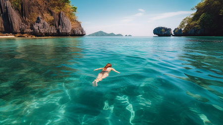 A woman swims in clear sea water in Asia, thanks to Generative AI.の素材