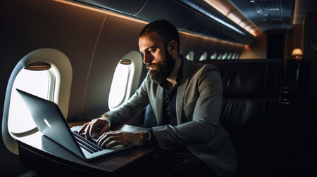 Passenger on a flight using a laptop, Generative AIの素材