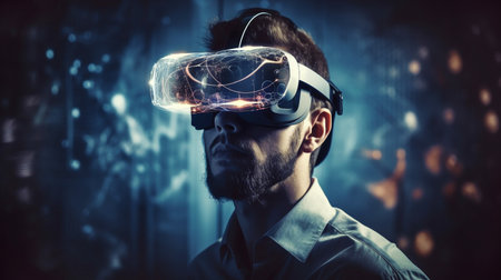 Generative AI, man with virtual reality glasses and a microchipの素材