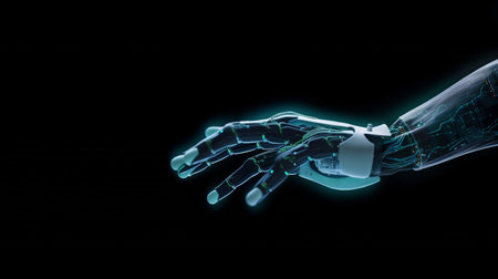 On a dark background, a robot hand makes contact with a human hand, demonstrating Generative AI.の素材