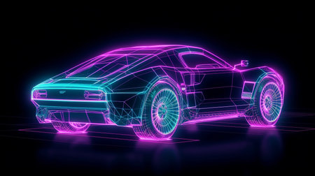 futuristic retro wave synth wave vehicle. Generative AI retro sport automobile with neon lights outlinesの素材