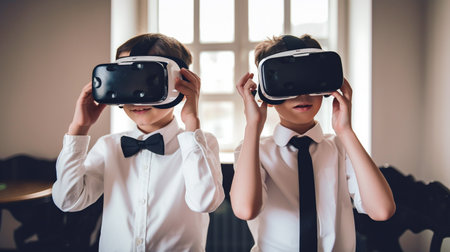 Children wearing virtual reality goggles, Generative AIの素材