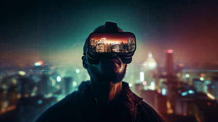 Double exposure of a man wearing virtual reality goggles and a night city, Generative AIの素材