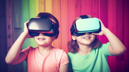 Children wearing virtual reality goggles, Generative AIの素材